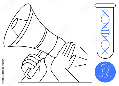 Loudspeaker with raised hand gesture, DNA strand in test tube, user silhouette. Ideal for science communication, healthcare ethics, technological advancement, genetic research, medical advocacy, user