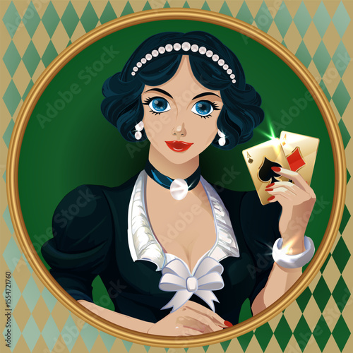 Casino  poker girl with Pocket Aces , art deco card, vector illustration