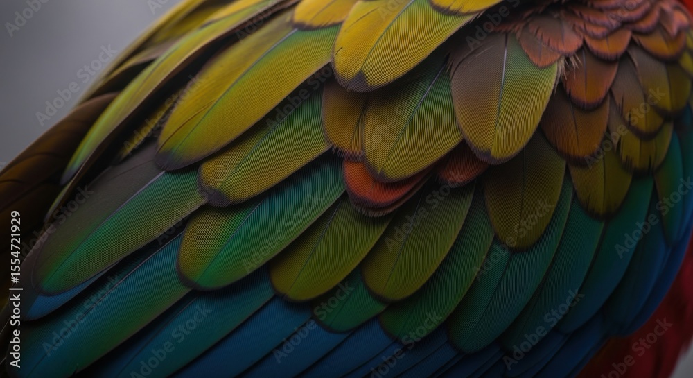 Fototapeta premium Close up on vibrantly colored feathers of a large tropical bird showing intricate patterns