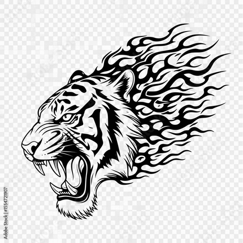 Tiger head roaring with intense energy, morphing into wild flame shapes, black and white transparent vector for fierce animal tattoo and fire art