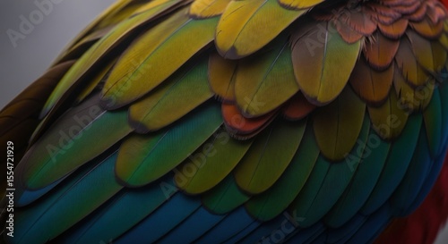 Close up on vibrantly colored feathers of a large tropical bird showing intricate patterns