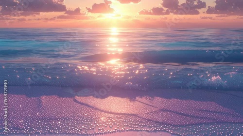 Soft pinkish sand gleaming under golden sunset light, gentle waves caressing shoreline with peaceful rhythmic motion at tranquil coastal landscape. Dreamy beach with crashing waves