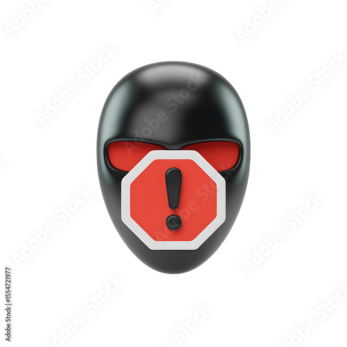 Black mask with red eyes and exclamation point warning sign