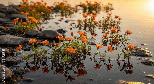 Delicate Orange Wildflowers Bloom Along a Rocky Shoreline at Sunset