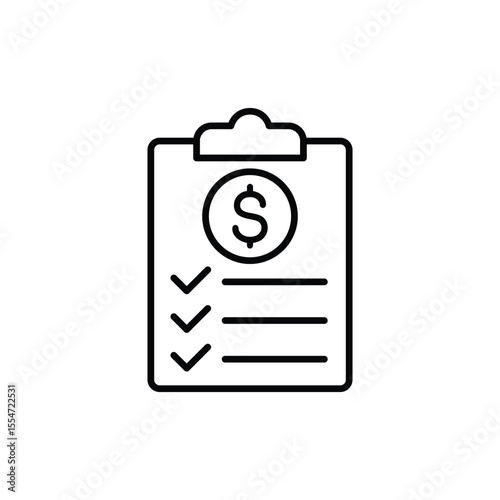 A simple icon depicting a checklist with a dollar sign, ideal for financial apps or documents.