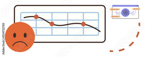 Downward trend line chart with sad face icon, card displaying atomic idea symbol, and dashed circular arrow. Ideal for business challenges, data trends, failure, analysis, education, creativity