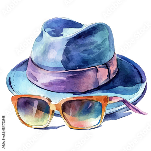 watercolor vector of Hat And Sunglasses, isolated on a white background.