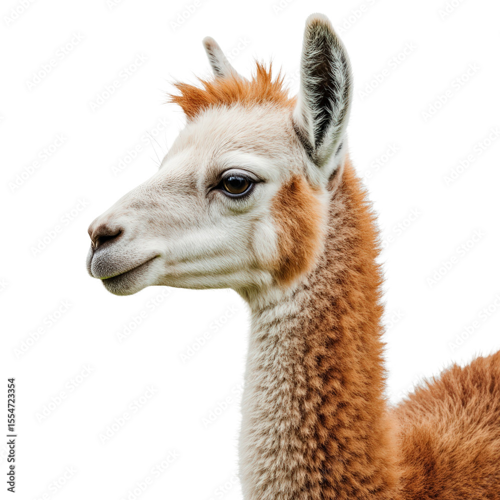 Fototapeta premium Llama Portrait: Close-up profile of a fluffy llama with a soft, light brown coat, displaying its gentle expression against a plain background.