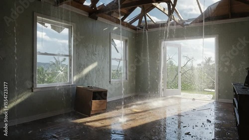 Abandoned room with water leaks and damaged roof, showcasing nature outside