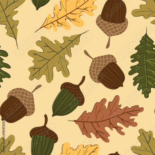 oak leaves and acorns colorful autumn seamless pattern. Forest fall botanical texture tor textile