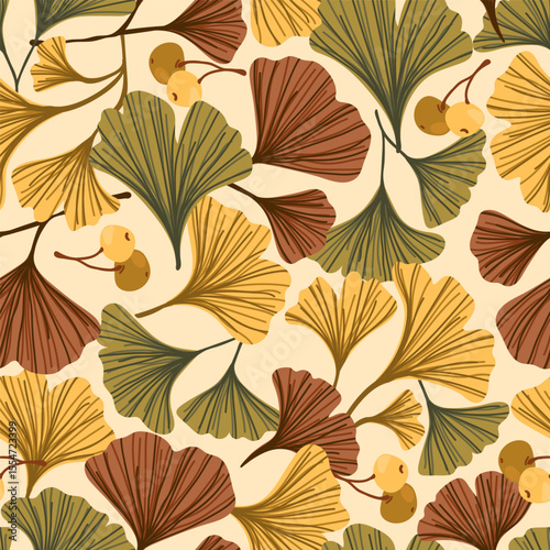 Ginkgo biloba leaves, branch, pod seamless pattern. Cosmetics ayurvedic herb ginkgo plant texture