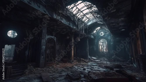 Abandoned interior of a dilapidated building with eerie lighting