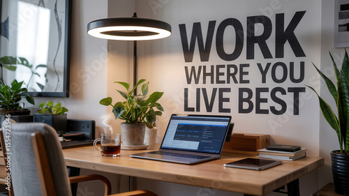 Modern home office setup with laptop, plants, and motivational text 