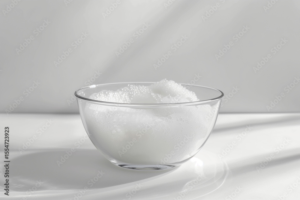 Soft foam in a glass bowl. Clean white spa scene with gentle shadows and premium look Soft foam in a glass bowl. Clean white spa scene with gentle shadows and premium look