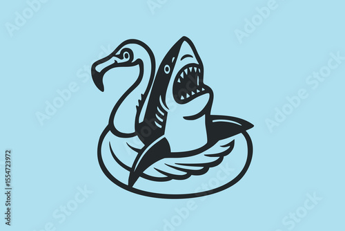 Shark flamingo float cartoon bold line vector illustration