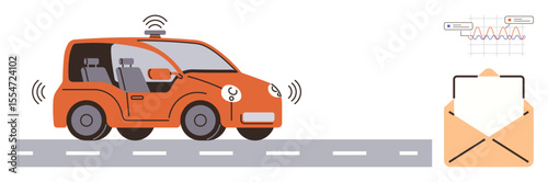 Self-driving car on a road transmitting data wirelessly, analytics graph, and envelope icon depict communication, automation, innovation. Ideal for AI, IoT, communication, data transfer technology