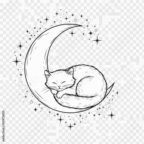 Adorable cat curled up and sleeping peacefully on a crescent moon with surrounding stars, black and white transparent vector for dream-themed art