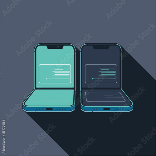 Foldable smartphone, tech innovation in flat vector with dark background, Dark Mode UI style