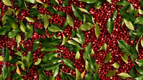 Pomegranate seeds scattering across fresh green leaves, forming colorful layered composition with rich texture and depth. vibrant mix of pomegranate seeds and leaves organic background
