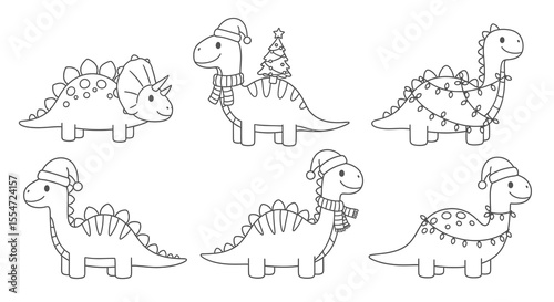 Cute Christmas Dinosaur Illustrations in Black and White Outlines