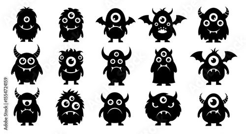 Collection of Sixteen Black Silhouettes of Cartoon Monsters with Varying Eyes, Horns, and Wings
