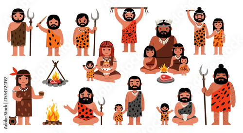 Diverse Prehistoric Families in Animal Skin Clothing, Posing Around Campfire and Holding Tools