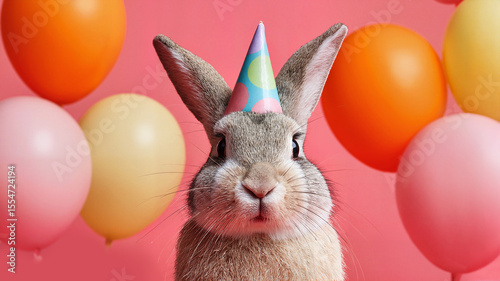 Rabbit wearing a party hat surrounded by colorful balloons  