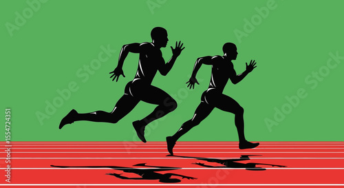 Silhouetted Sprinters in Action on Red Track Against Green Background