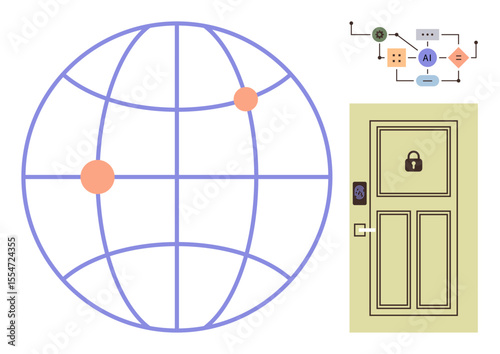Globe with networking points, AI process flow diagram, and lock-secured door representing cybersecurity, connectivity, AI-driven solutions, and global data protection. Ideal for networks, AI