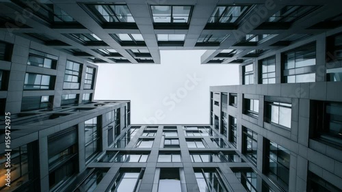 Modern glass and steel skyscrapers, creating a geometric pattern against a cloudy sky, providing a sense of height and modern urban design