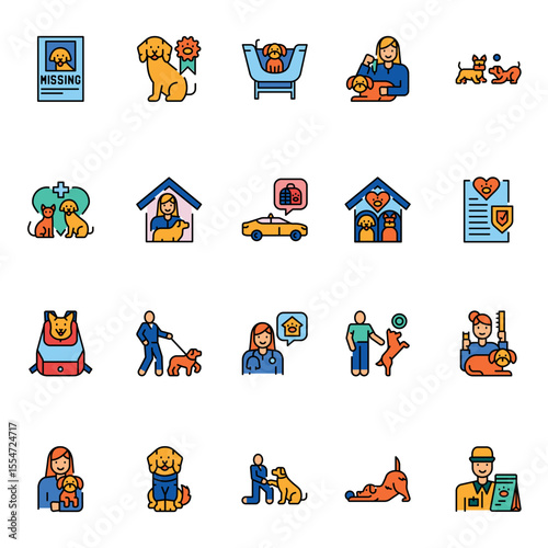 Pet care color line icons set for digital and print projects.