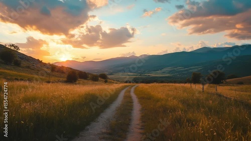 Golden sunlight illuminating winding dirt road stretching through wheat fields, leading toward distant mountain silhouettes beneath dramatic sunset sky. Warm sunlight bathes a countryside landscape.