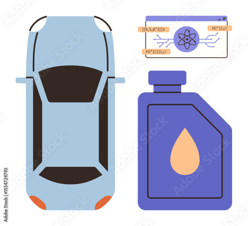 Blue car top view, purple oil container with drop icon, futuristic scientific interface. Ideal for automotive innovation, fuel technology, energy efficiency, science communication, eco-friendly