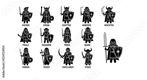Black Pictogram Set of Fantasy Warriors with Swords and Shields on White