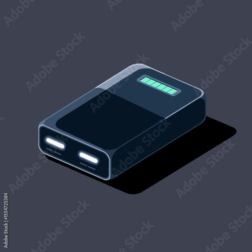 Power bank with charge indicator lights in flat vector with dark background, Dark Mode UI style