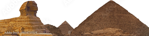 Sphinx against the backdrop of the great Egyptian pyramids. Africa, Giza Plateau.