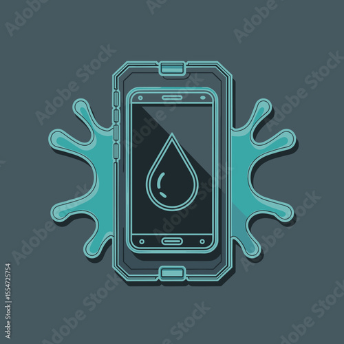 Smartphone inside a waterproof case, water droplet symbol overlay in flat vector with dark background, Dark Mode UI style