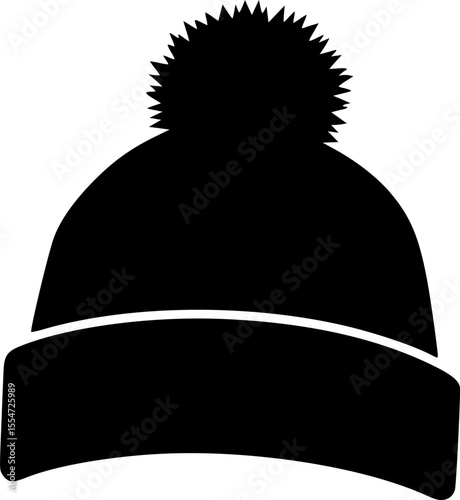 Silhouette of a warm winter beanie hat with a fluffy pompom
