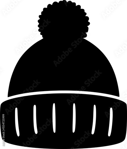 Silhouette of a warm winter beanie hat with a fluffy pompom
