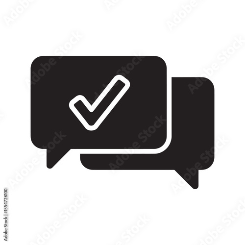 Message confirmation icon with a check mark inside a speech bubble for chat validation successful communication and positive feedback agreement vector solid glyph icon