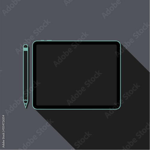 Tablet with stylus pen in flat vector with dark background, Dark Mode UI style