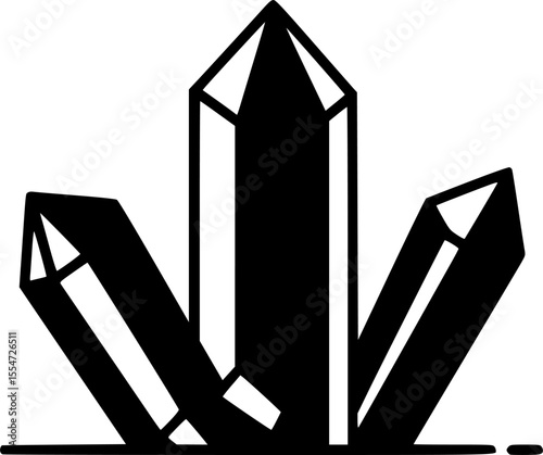 Black and white minimalist design of three standing crystals facing forward
