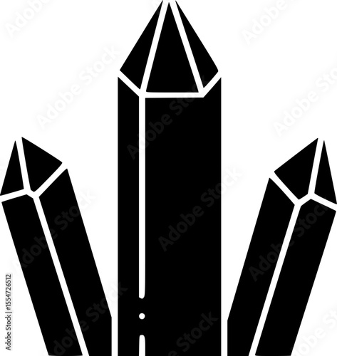 Black and white minimalist design of three standing crystals facing forward
