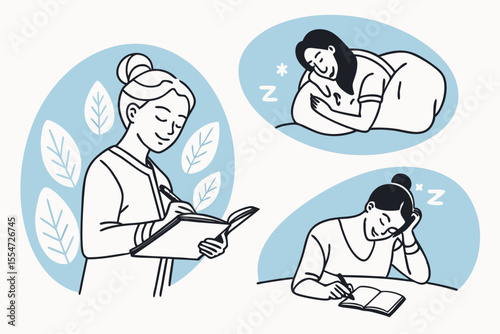 Mental wellness activities with journaling, restful sleep, and relaxation