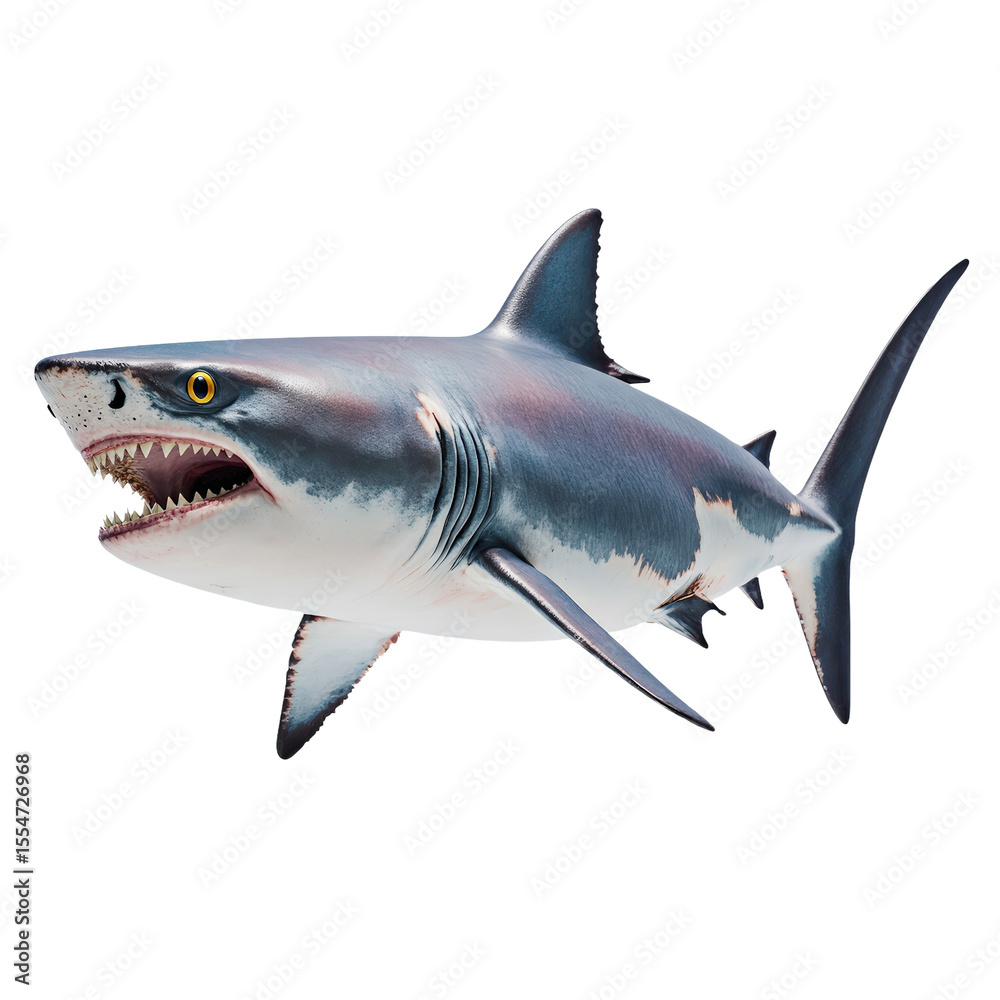Fototapeta premium Great White Majesty: A formidable great white shark swims through the ocean depths, its powerful jaws and razor-sharp teeth a testament to its apex predator status.