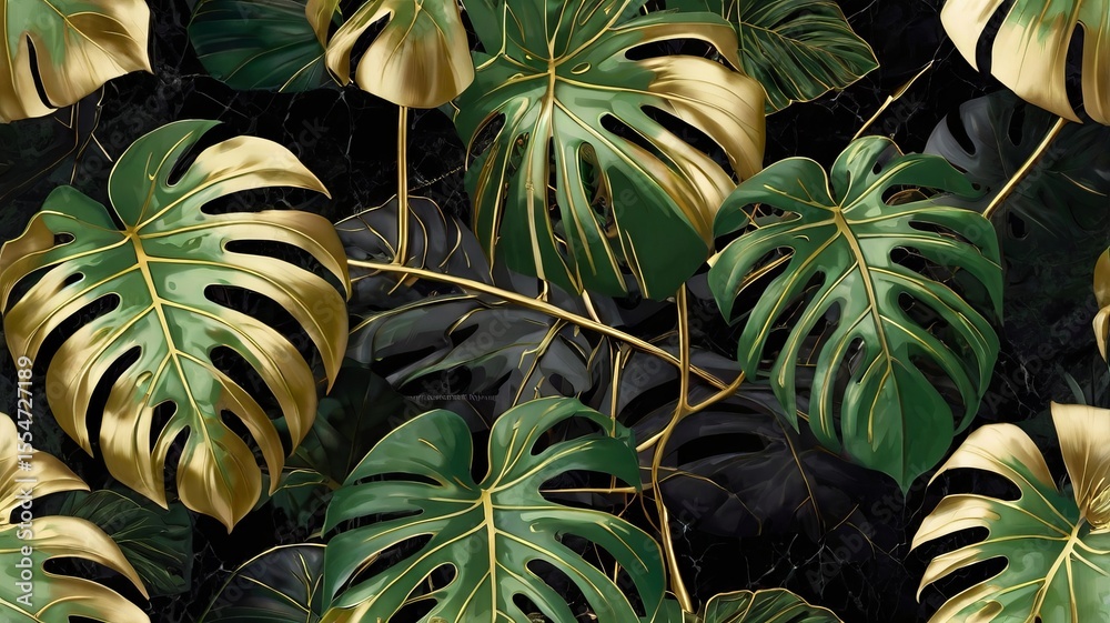 Obraz premium Elegant Tropical Monstera Design with Golden Accents on Black Marble