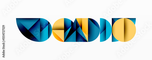 Abstract geometric shapes form stylized text. Blue, gold hues dominate composition. Modern design, clean lines present visual interest.