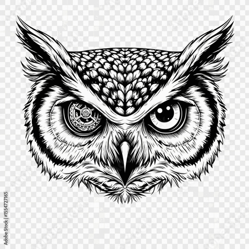 Symmetrical owl face design combining mechanical gears in one eye and organic natural detail in the other, symbolic duality art