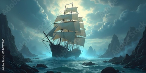 Epic Sailboat Amidst Stormy Seas and Cliffs