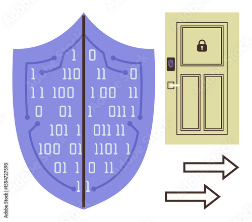 Shield with binary code, door with lock, and directional arrows representing cybersecurity, data protection, encryption, internet safety, access control, secure workflow, simple flat metaphor